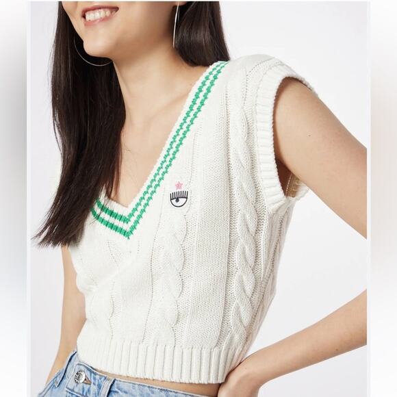 Chiara Ferragni White and Green Cable Knit Cropped Top - Picture 1 of 9